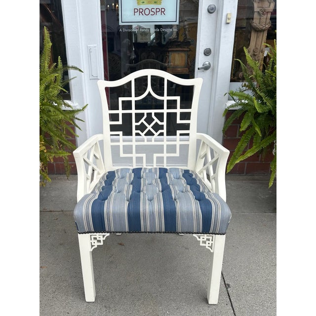 Hollywood Regency Chinese Chippendale White Lacquer Blue Upholstered Arm Chair For Sale In Los Angeles - Image 6 of 6