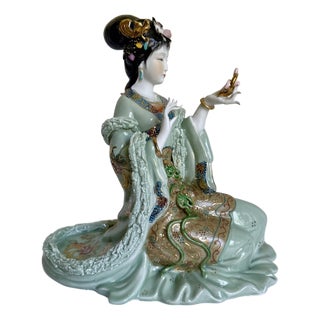 Vintage Chinese Porcelain Seated Court Lady With Gilt Accents For Sale