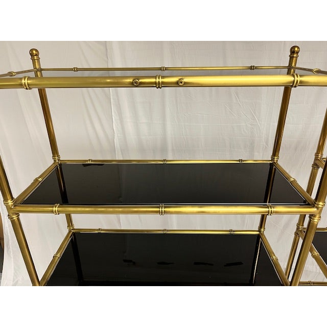 1970s Pair of Custom Heavy Gage Brass & Smoked Glass Faux Bamboo Etageres Shelves For Sale In New York - Image 6 of 6