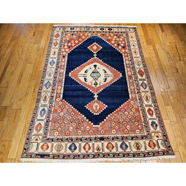 Vintage Turkish Azeri Rug, Hand-Knotted Wool, Geometric Design, Navy & Red, 8x11 For Sale In Chicago - Image 6 of 15