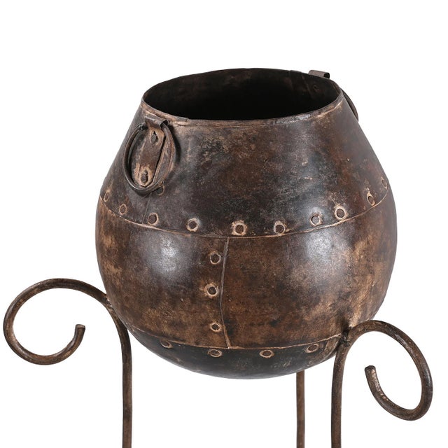 Farmhouse 1970s Large Indoor Plant Stand, 47 Inch Tall Metal Floor Urn | Industrial Farmhouse Entryway Decor | Rustic Iron Flower Vase Statement Piece For Sale - Image 3 of 6