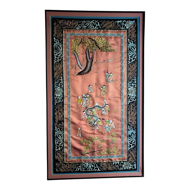 Antique Chinese Silk Dragon Tapestry | Framed Chinoiserie Panel For Sale