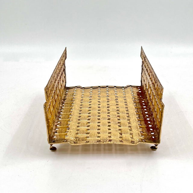 Metal Vintage Hollywood Regency Gold Metal Basketweave Guest Towel Tray For Sale - Image 7 of 12