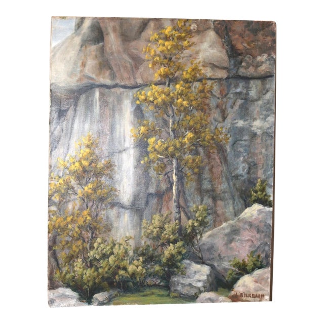 Vintage Original J Bierbaum Oil Painting Landscape Rock Mountain Realism Canvas For Sale