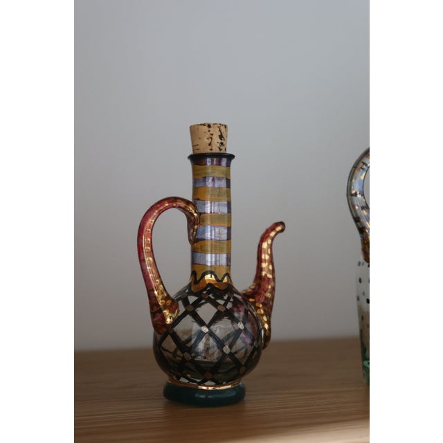 Mackenzie Childs Pair of Victoria & Richard MacKenzie-Childs Hand-Painted Glass Cruets, 1991 For Sale - Image 4 of 5