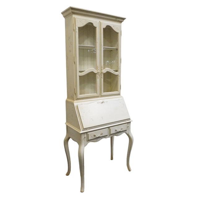 French Country Ethan Allen Country French Collection Off White 32" Secretary Desk W. Display Hutch - Hand Painted Accents 26-9204 / 26-9205 For Sale - Image 3 of 18