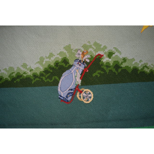 Hand Needlepoint Golfing Theme Bridge Table Cover W/ Forest Green Border For Sale In New York - Image 6 of 9