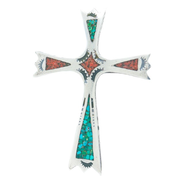 Vintage Southwestern Silver, Turquoise, and Coral Pendant Cross for a Necklace For Sale