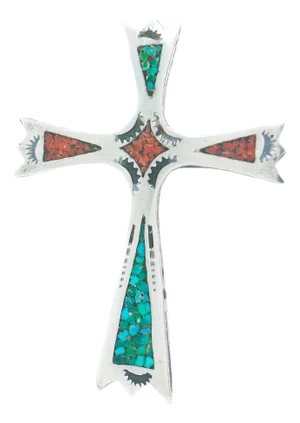 Vintage Southwestern Silver, Turquoise, and Coral Pendant Cross for a Necklace