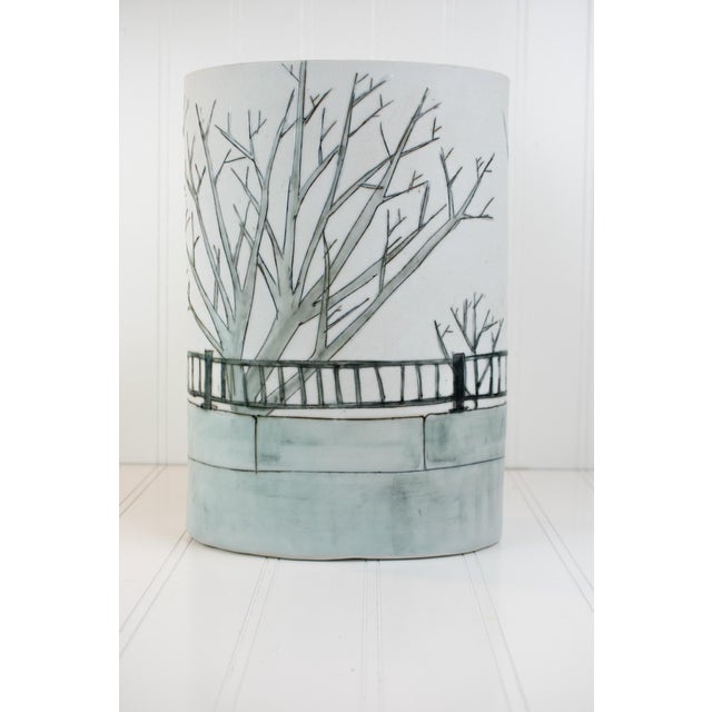 Light Gray Studio Porcelain Oval Vase With Winter Landscape Motif, Signed For Sale - Image 8 of 18