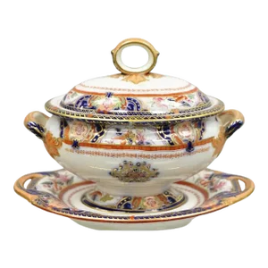 Antique English Ironstone Diamond Patent Covered Sauce Tureen With Underplate