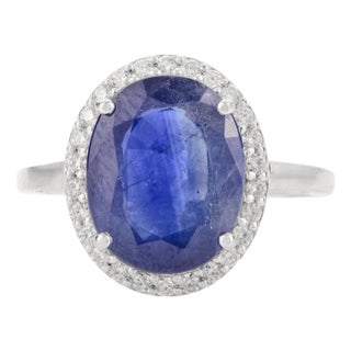 5.47 Carat Blue Sapphire 14k White Gold Halo Diamond Wedding Ring Size 5 For Sale