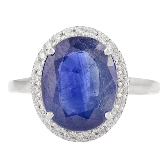 5.47 Carat Blue Sapphire 14k White Gold Halo Diamond Wedding Ring Size 5 For Sale