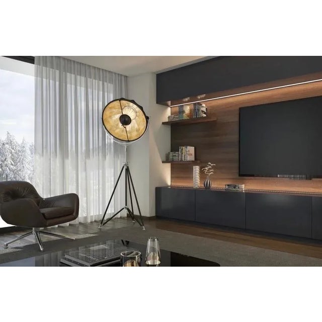 Black and Gold Leaf Studio 76 Tripod Floor Lamp by Mariano Fortuny For Sale - Image 3 of 11