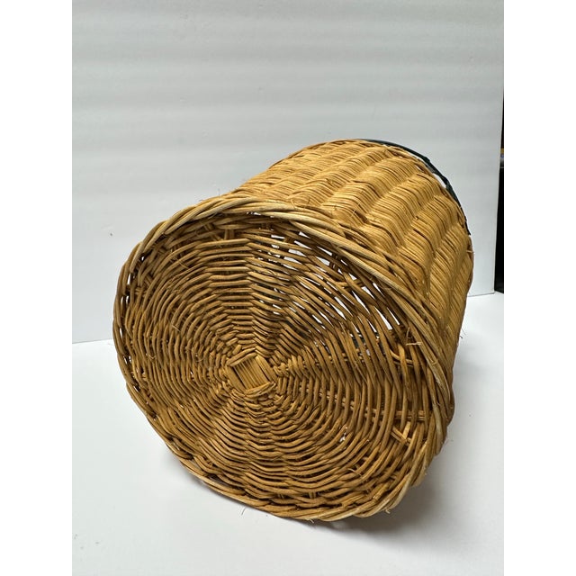 Brown Vintage Late 20th Century Wicker Woven Waste Basket With Green Metal Leaf Accent For Sale - Image 8 of 9