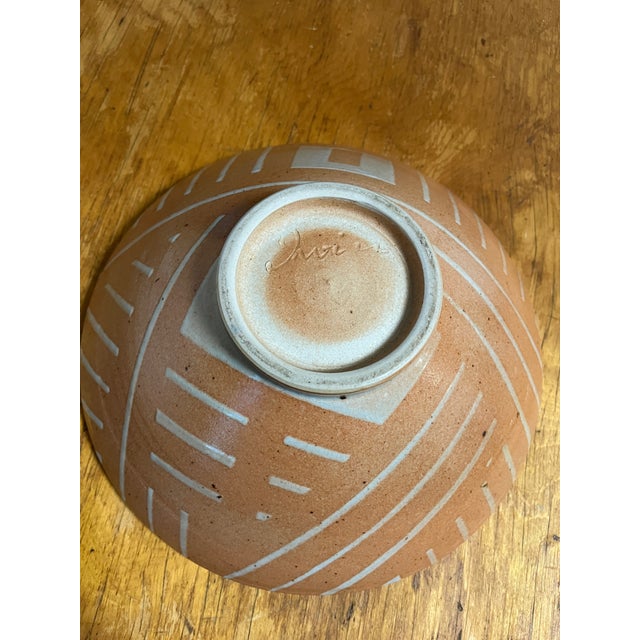 Signed Vintage Ceramic Pedestal Bowl Hand Painted Stripes For Sale In New York - Image 6 of 7