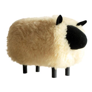 Vintage Minimalist Figural Sheep Footstool in White Sheepskin Wool For Sale