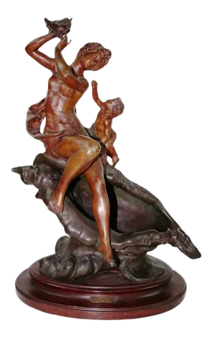 Antique 1920s Sculpture of Female Nude W Putti on Shell, Signed