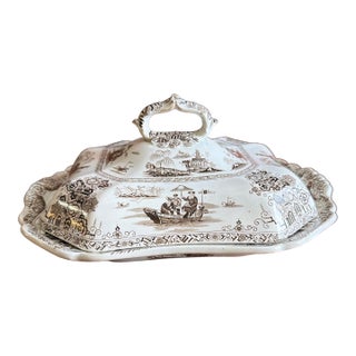 A Antique Brown Transfer Decorated Staffordshire Covered Vegetable Dish, “Nankin” by Dimmock, Circa 1830’s For Sale