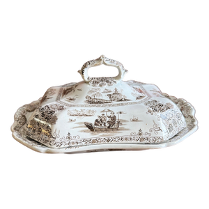 A Antique Brown Transfer Decorated Staffordshire Covered Vegetable Dish, “Nankin” by Dimmock, Circa 1830’s