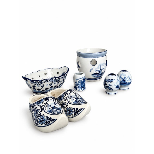 Vintage Dutch Blue and White Delft-Style Ceramic Pottery Set of 7 For Sale - Image 4 of 11