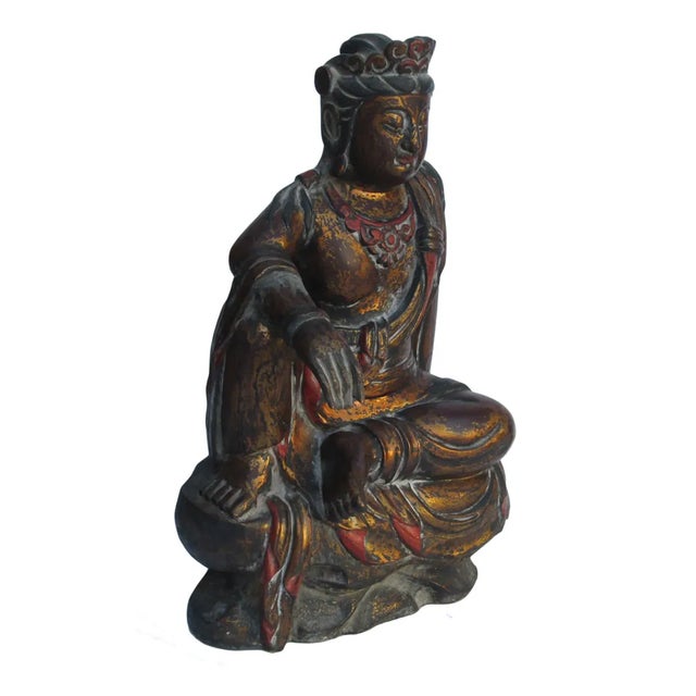 Chinese Vintage Chinese Brown Black Golden Wood Kwan Yin Statue For Sale - Image 3 of 5