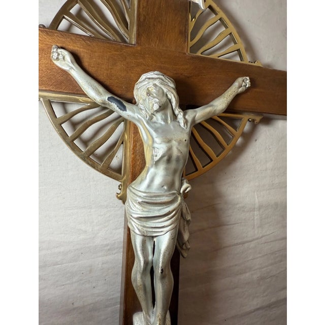 Large Vintage Church Used Wood Brass Ceremonial Processional Crucifix Cross For Sale - Image 12 of 13