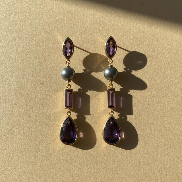 Metal Amethyst & Pearl Drop Earrings Studs, Silver, Gold, Pair For Sale - Image 7 of 8