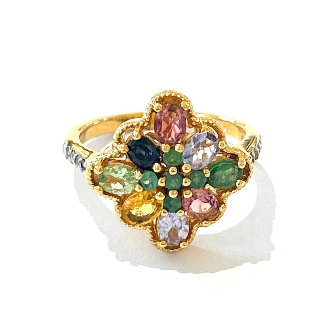 English Bochic “Orient” Diamond & Multi Sapphire Vintage Cluster Ring Set 18k & Silver Size 5 For Sale - Image 3 of 4