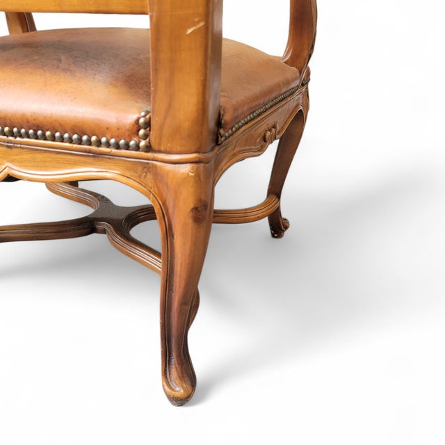 French Louis XV Style Carved Walnut and Patinated Leather Armchair, 1920s For Sale - Image 11 of 18