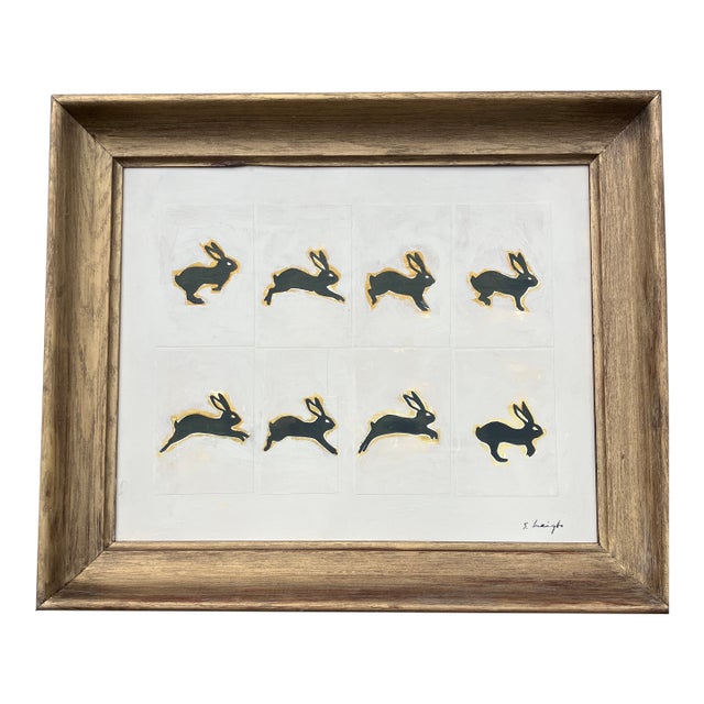 Contemporary Original Stephen Heigh Painting “Rabbits Jumping “ Vintage Modernist Wood Frame For Sale