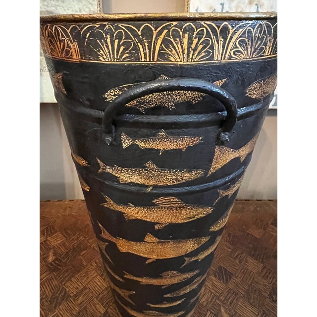 Vintage English Planter Jardiniere Urn Fish Decoupage Black Tole Lodge Décor For Sale - Image 15 of 18