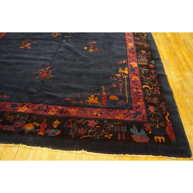 1920s Antique Navy Floral Oriental Chinese Art Deco Rug in Mandarin Quality For Sale - Image 4 of 11