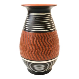 Mid Century West German Wekara Carved Pottery Vase For Sale