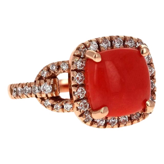 3.95 Carat Coral and Diamond 14 Karat Rose Gold Cocktail Ring, Size 7 For Sale