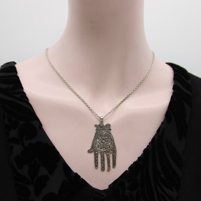 Metal Vintage Berber Hand of Fatima / Hamsa Sterling Silver Pendant With Central Flower Motif For Sale - Image 7 of 9