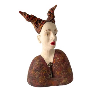 Attributed to Kirsten Stingle Figurative Porcelain & Mixed-Media Bust With Vintage Key For Sale