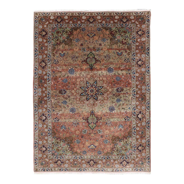 Vintage Persian Tabriz Rug With Silk Accents and Floral Medallion Design For Sale
