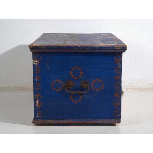 Antique Folk Art Blue Wooden Trunk For Sale - Image 10 of 12
