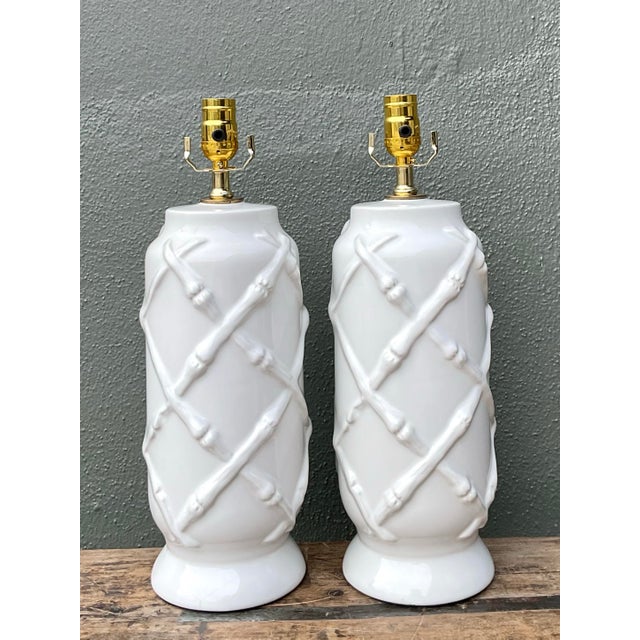 Vintage Bamboo Trellis Glazed Ceramic Lamps For Sale - Image 11 of 12