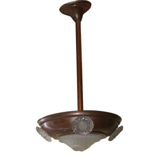 C1925 French Art Deco Copper Art Glass Sunflower Suspension Pendant Lighting / Chandelier Signed by Ezan France For Sale