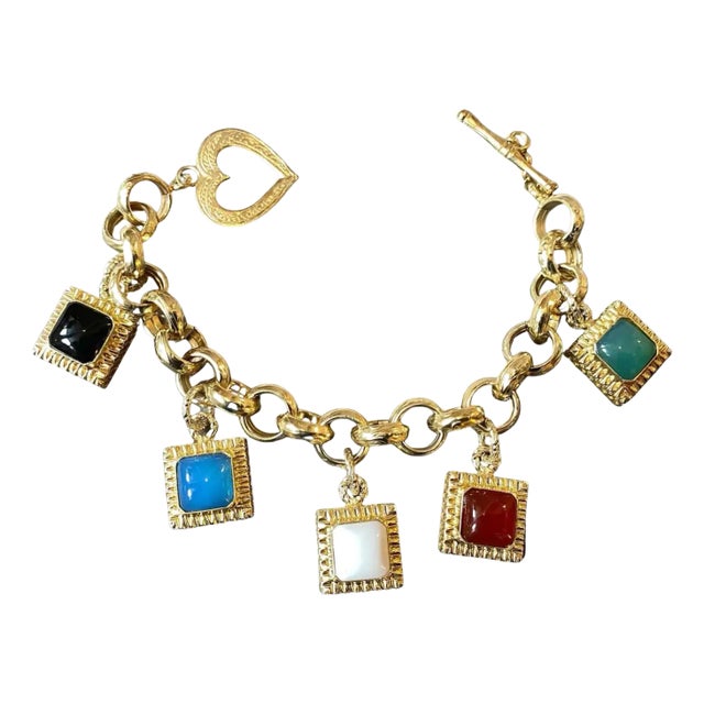 1990s Glided Sterling Silver and Semi Precious Stones Italian Charm Bracelet For Sale