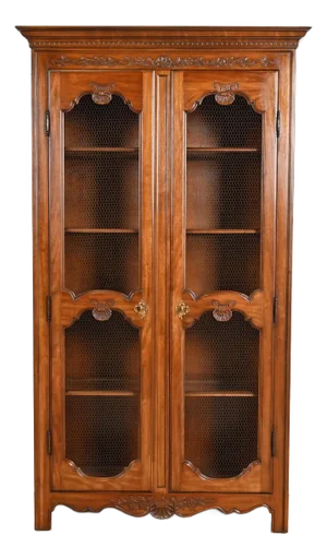 Kindel Furniture French Provincial Louis XV Carved Cherry Wood Lighted Bibliotheque Bookcase Cabinet