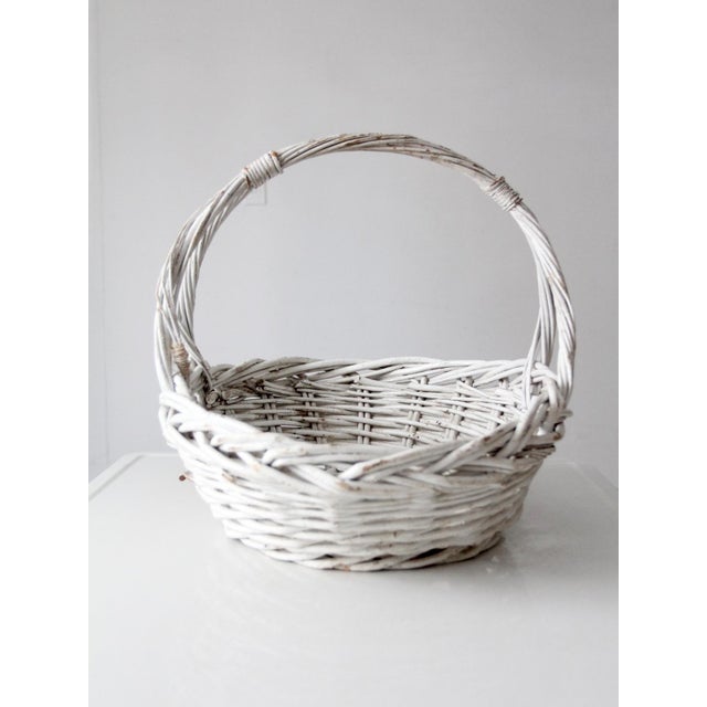 Wood Vintage White Wicker Gathering Basket With Double Handles For Sale - Image 7 of 17