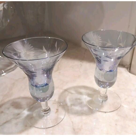 Murano Floral Etched Cocktail Cordial Glasses 5" BLUE Barware Hand Blown Italy Antique This listing is for TWO (2)...