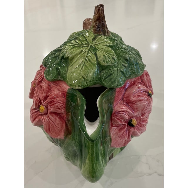 Rustic European Cabbage Ware Floral Teapot - Vintage Majolica With Hibiscus For Sale - Image 3 of 11