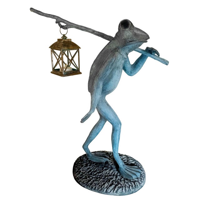 SPI Walking Frog With Lantern Garden Statue Whimsical sculpture of frog walking with a lantern on a stick Lamp has an LED...