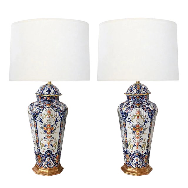 19th Century French Polychromed Faience Octagonal Urn Lamps - a Pair For Sale