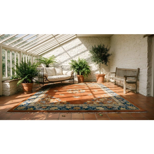 Striking Multi Color Daisies in a Floral Design With Orange-Terra-Cotta Ground Color Antique Chinese Art Deco Rug For Sale - Image 15 of 15