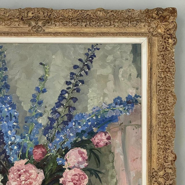 Antique Framed Oil Painting on Canvas by Lucien Hock (1899-1972), Floral Still Life in Delft Pot, Dated 1949 For Sale - Image 9 of 17